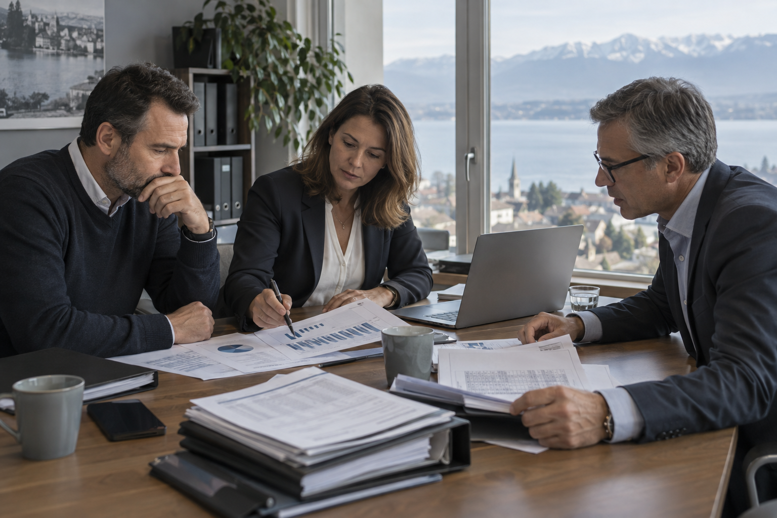 Dirigeants de PME et conseiller examinant des documents financiers dans un bureau de Suisse romande.