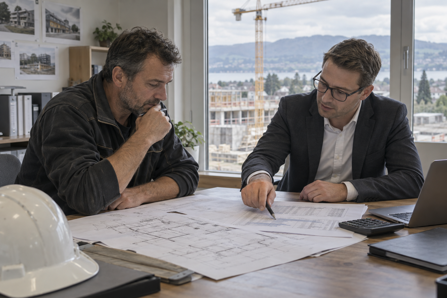 Dirigeant d’une PME du bâtiment et conseil financier examinant des plans et budgets de chantier dans un bureau en Suisse romande.