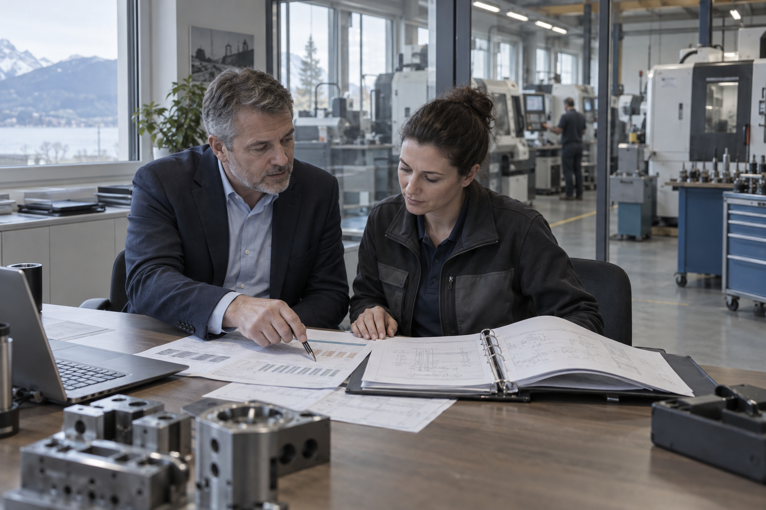 Dirigeant et responsable de production examinant des documents financiers devant le parc de machines d’une PME industrielle suisse.