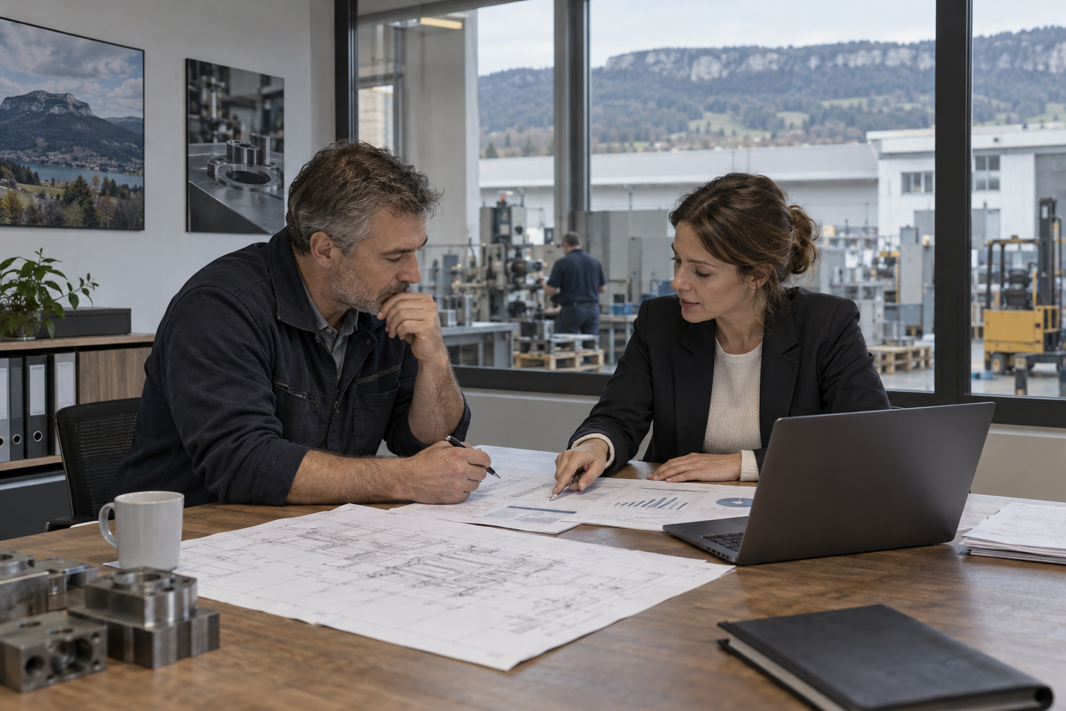 Dirigeant et conseiller examinant des comptes annuels et des plans de bâtiment dans les bureaux d’une PME en Suisse romande.