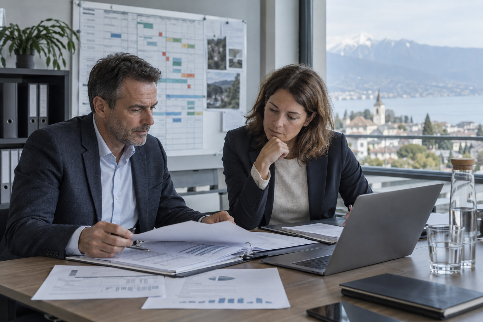 Deux dirigeants examinent des contrats de services et des documents financiers dans les bureaux d’une PME en Suisse romande.