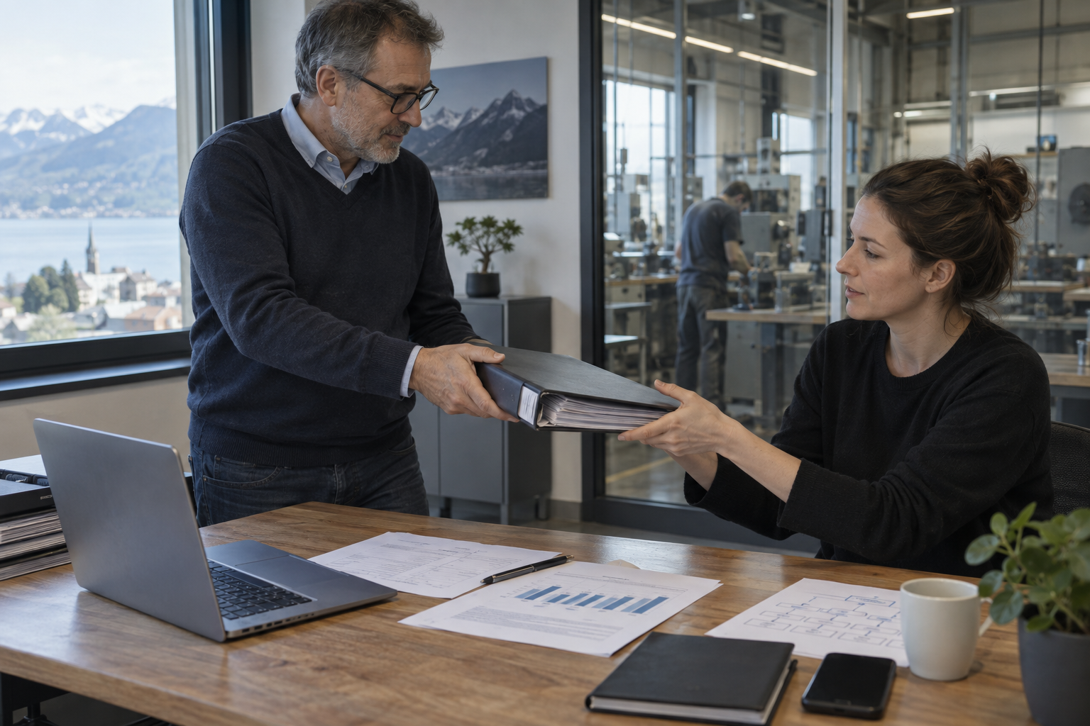 Un dirigeant de PME en Suisse romande transmet des dossiers financiers et opérationnels à une collaboratrice pour préparer la relève.