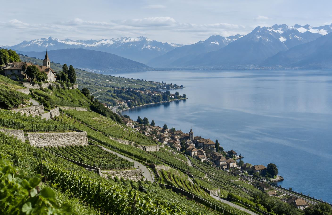Paysage éditorial des terrasses viticoles de Lavaux dans le canton de Vaud