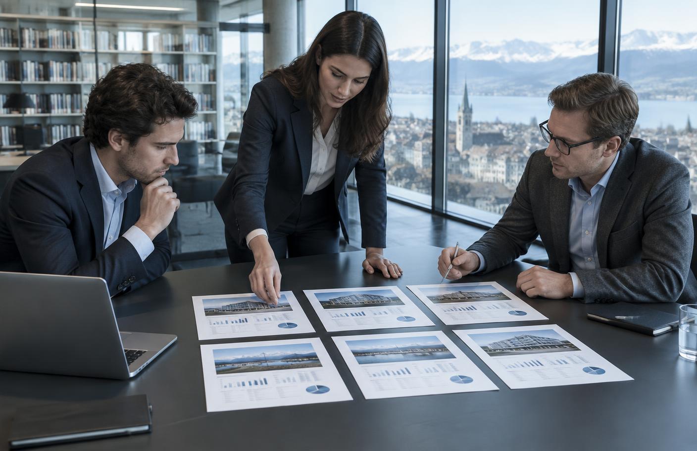 Équipe financière sélectionnant des dossiers d'entreprises comparables