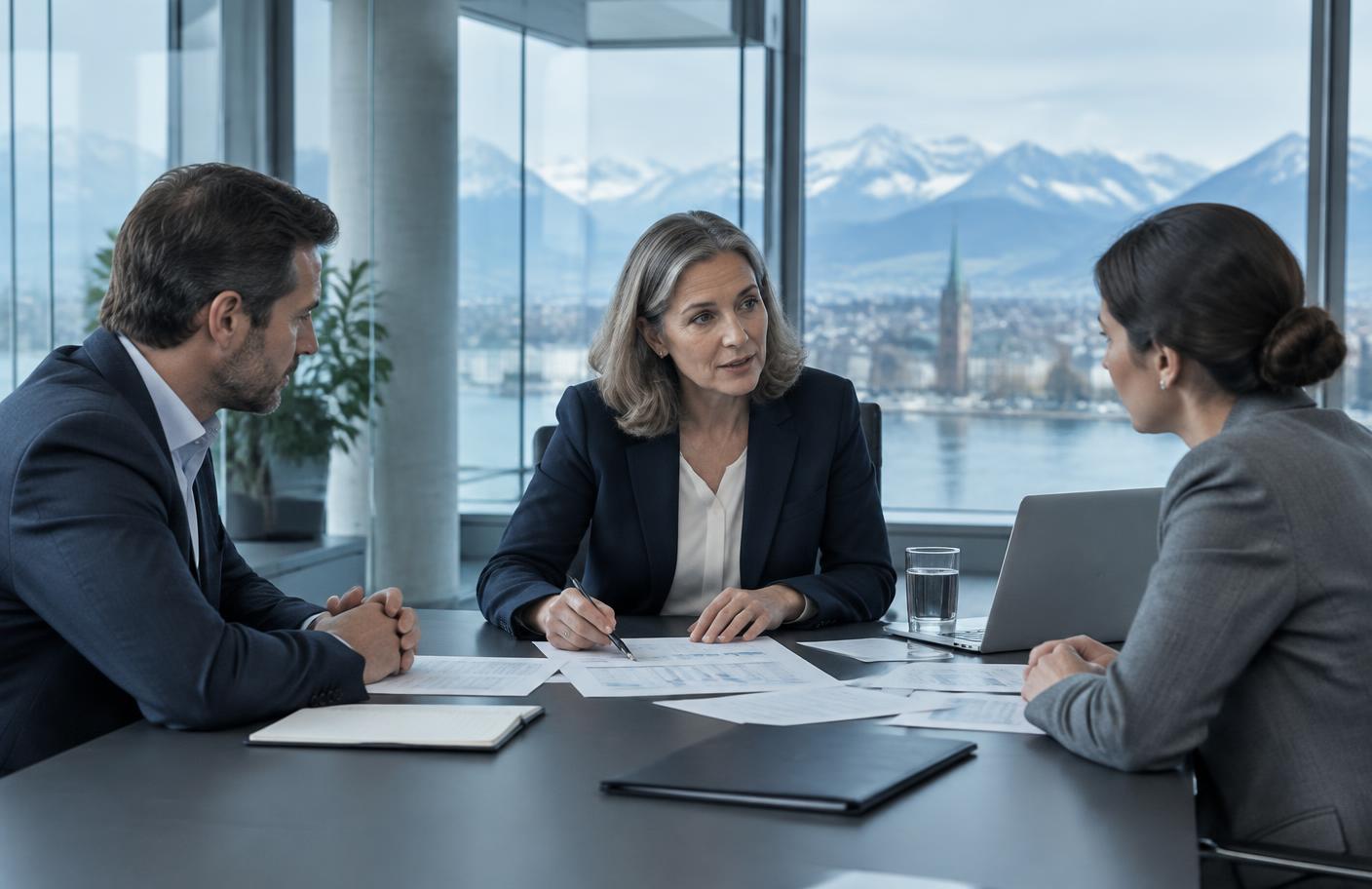 Conseillère indépendante animant une discussion entre deux associés