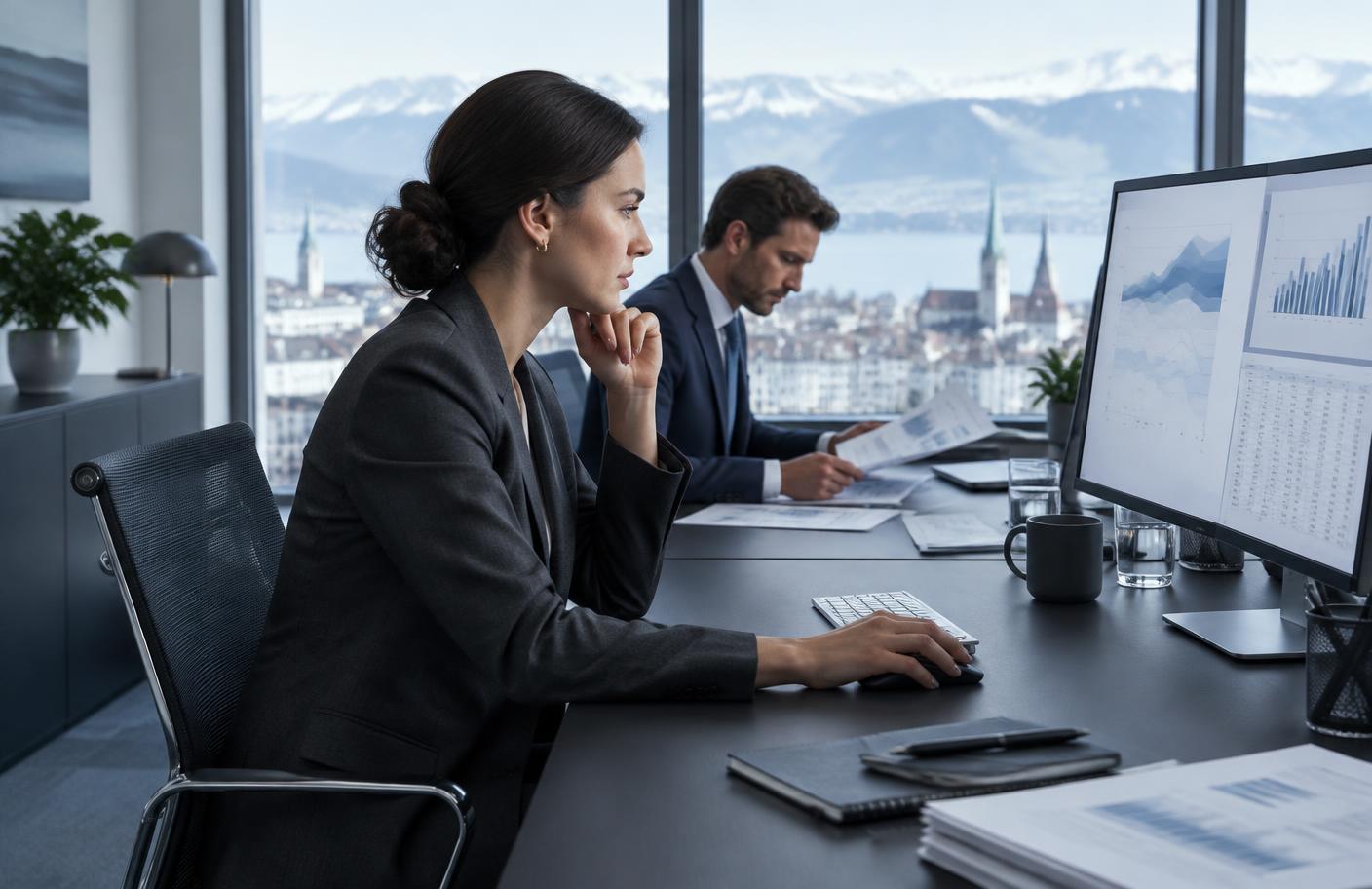 Analyste examinant les projections de trésorerie d'une entreprise suisse