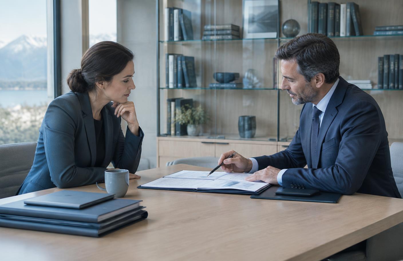 Entrepreneure et conseiller échangeant discrètement sur des documents patrimoniaux