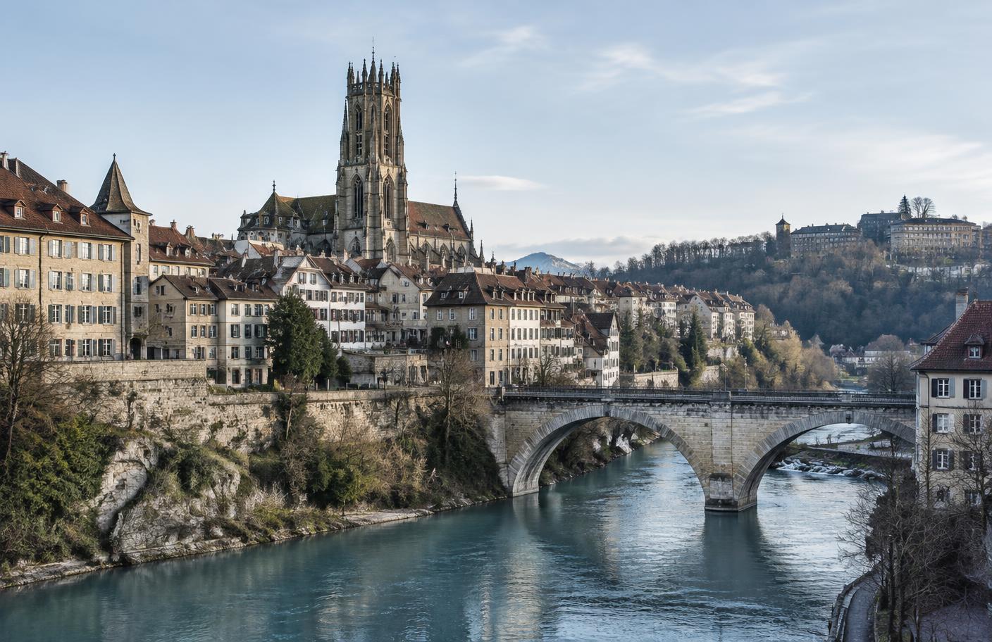 Vue éditoriale de la vieille ville de Fribourg au-dessus de la Sarine