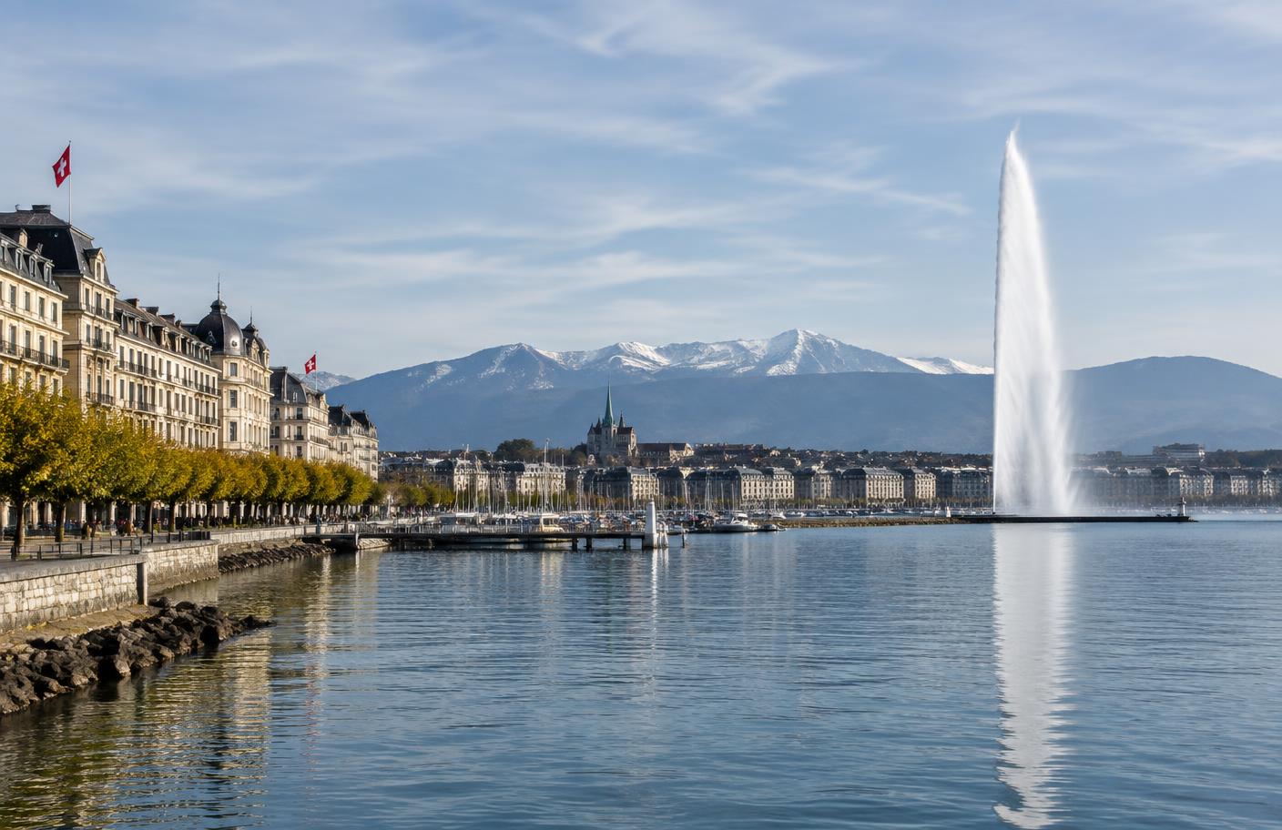 Vue éditoriale du lac et du Jet d’eau à Genève