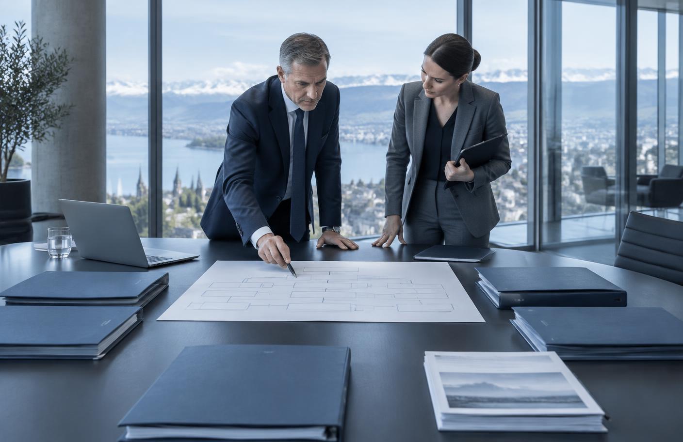 Responsables financiers examinant l'organigramme et les dossiers d'un groupe