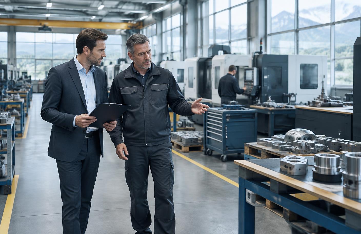 Conseiller et responsable industriel inspectant les équipements d'un atelier suisse
