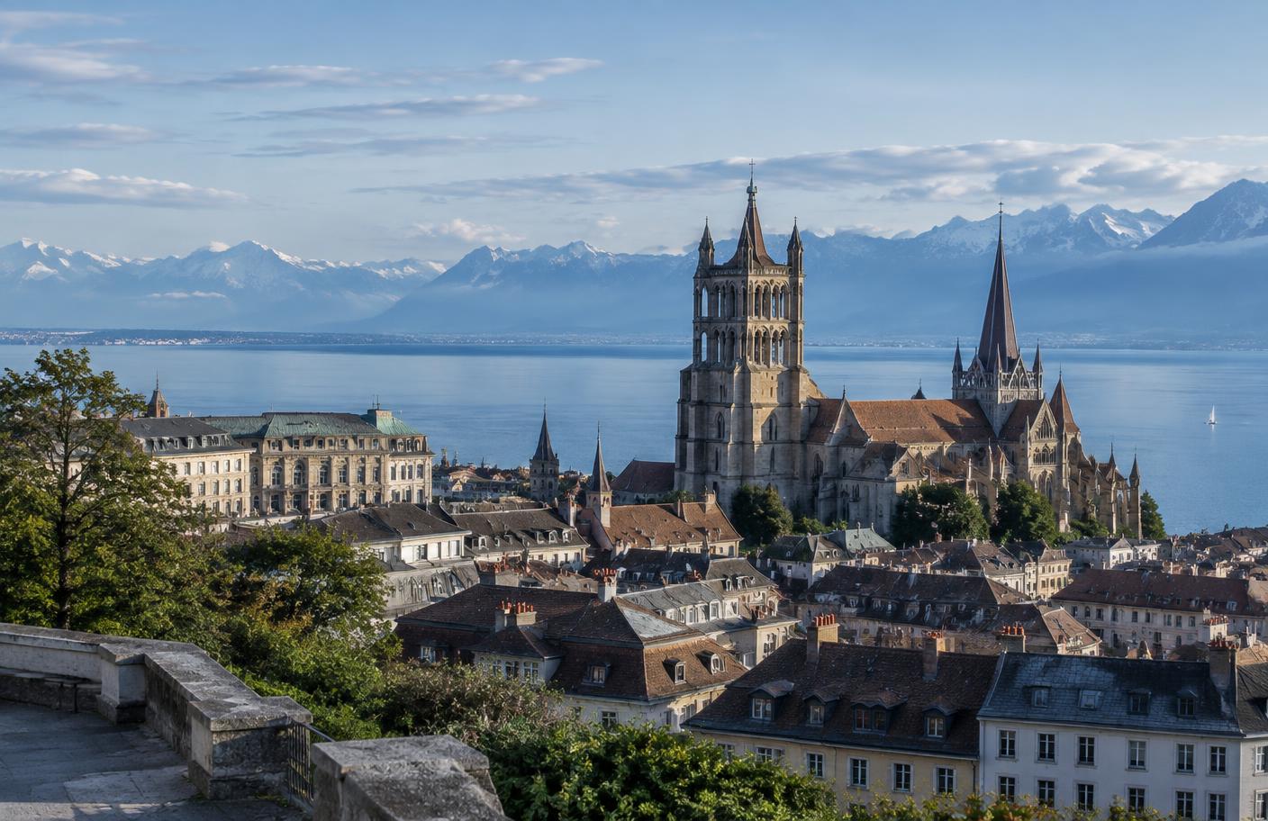 Vue éditoriale de Lausanne et de sa cathédrale face au Léman