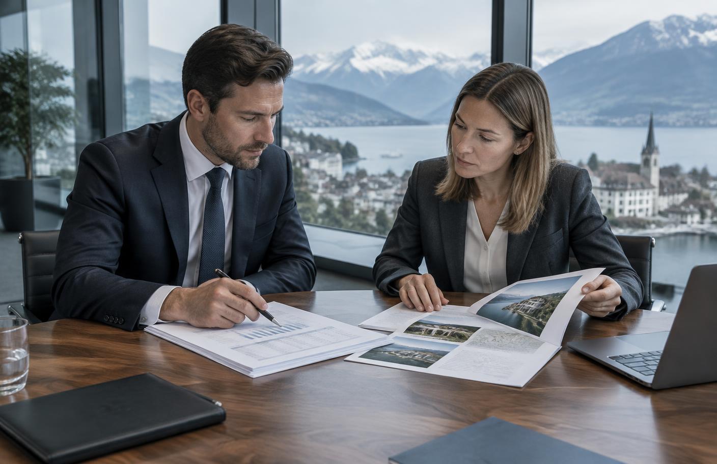 Conseillers confrontant un rapport de rentabilité à un dossier d'actifs en Suisse