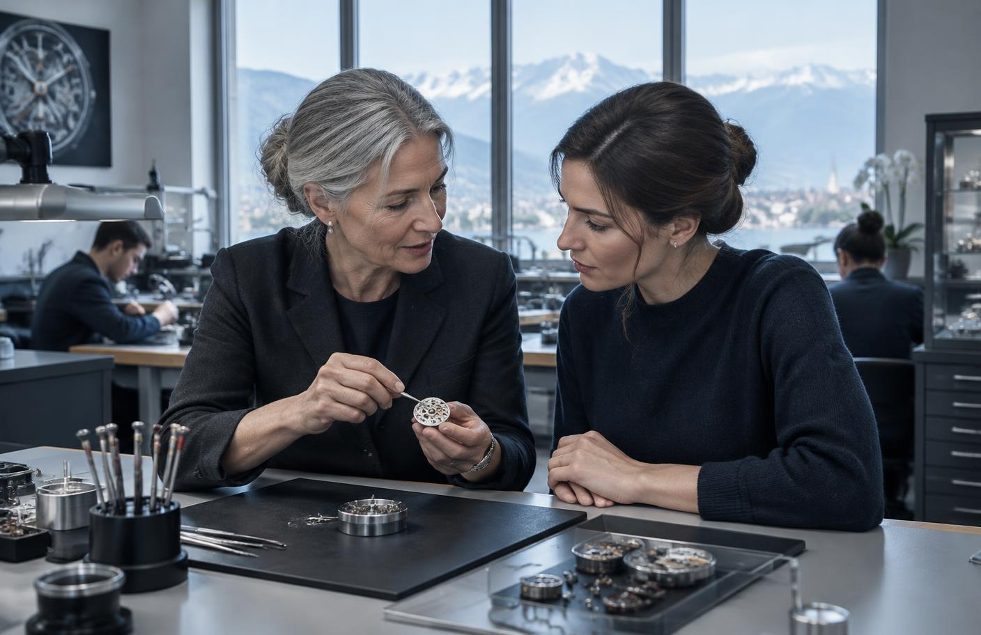 Deux générations partageant un savoir-faire dans un atelier horloger