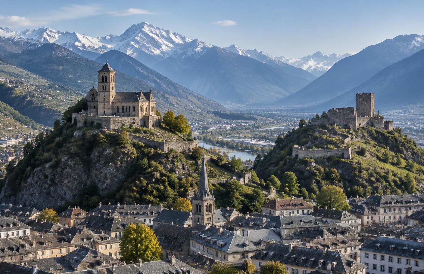 Vue éditoriale des collines de Valère et de Tourbillon à Sion en Valais